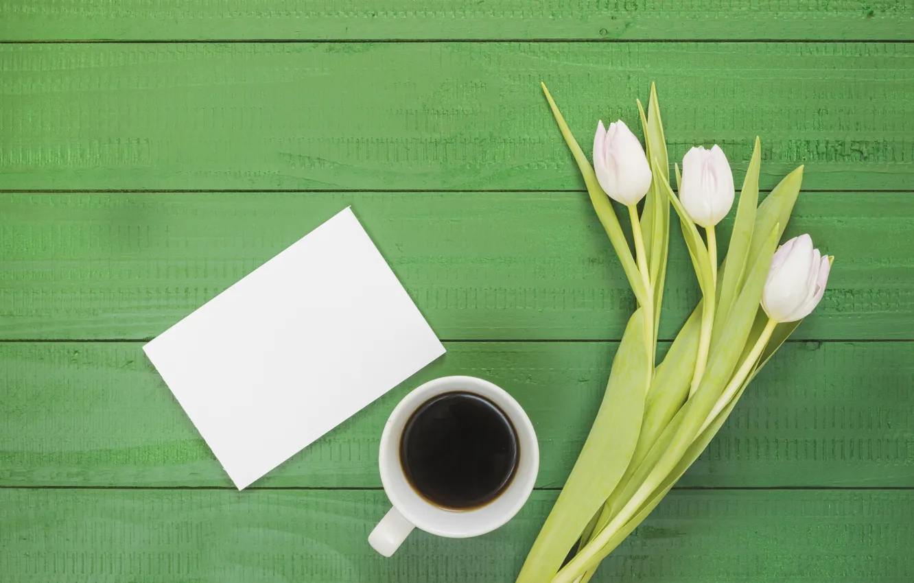 Photo wallpaper coffee, bouquet, Breakfast, Cup, tulips, white