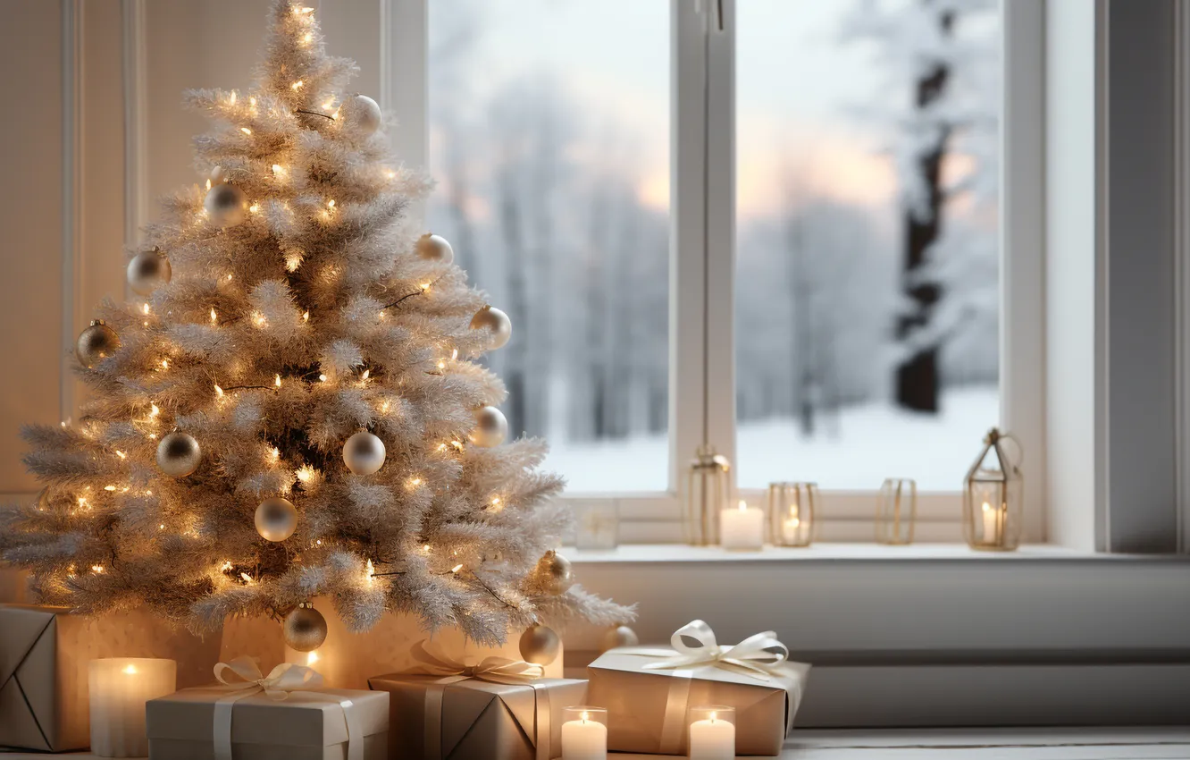 Photo wallpaper winter, snow, decoration, room, tree, new year, interior, Christmas