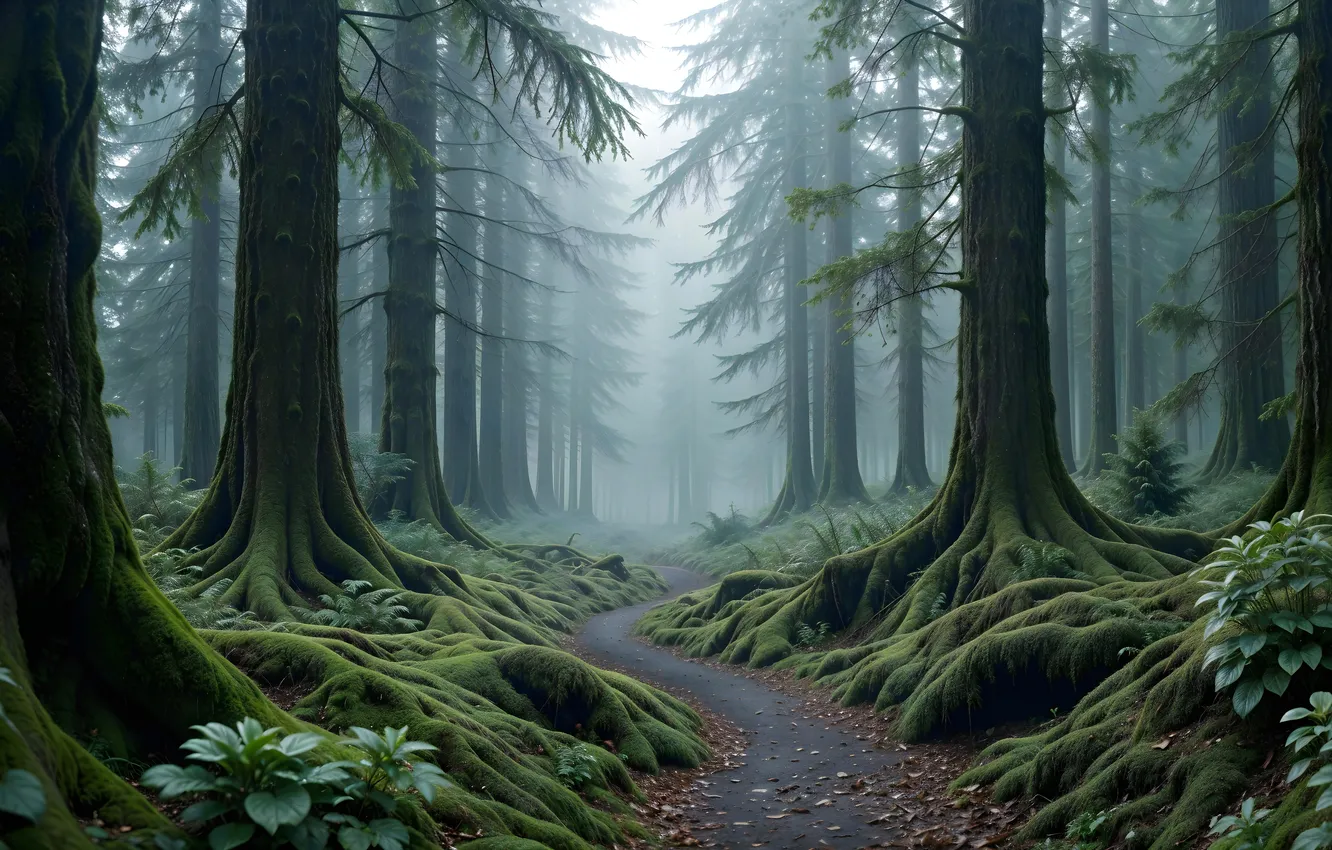 Photo wallpaper forest, trees, moss, path