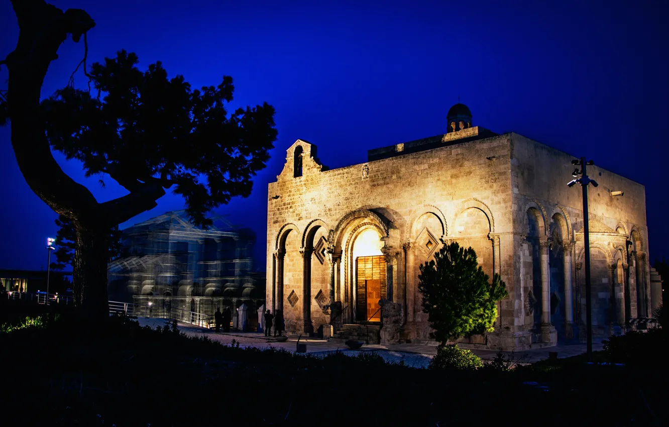 Photo wallpaper night, lights, hdr, Italy, Apulia, Manfredonia, The Basilica of Santa Maria Maggiore di Siponto