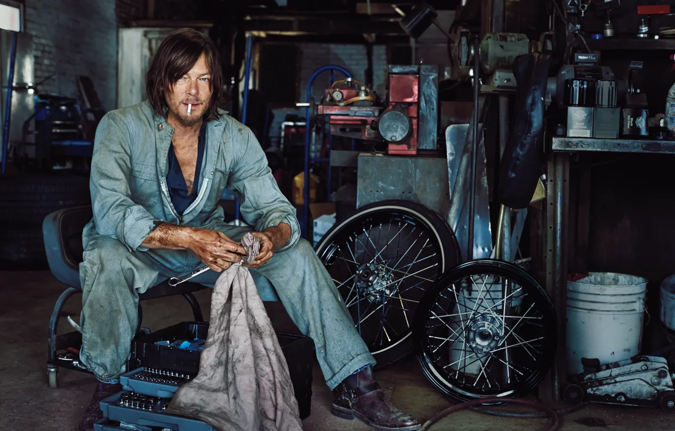 Photo wallpaper garage, wheel, cigarette, photographer, actor, tool, jumpsuit, photoshoot