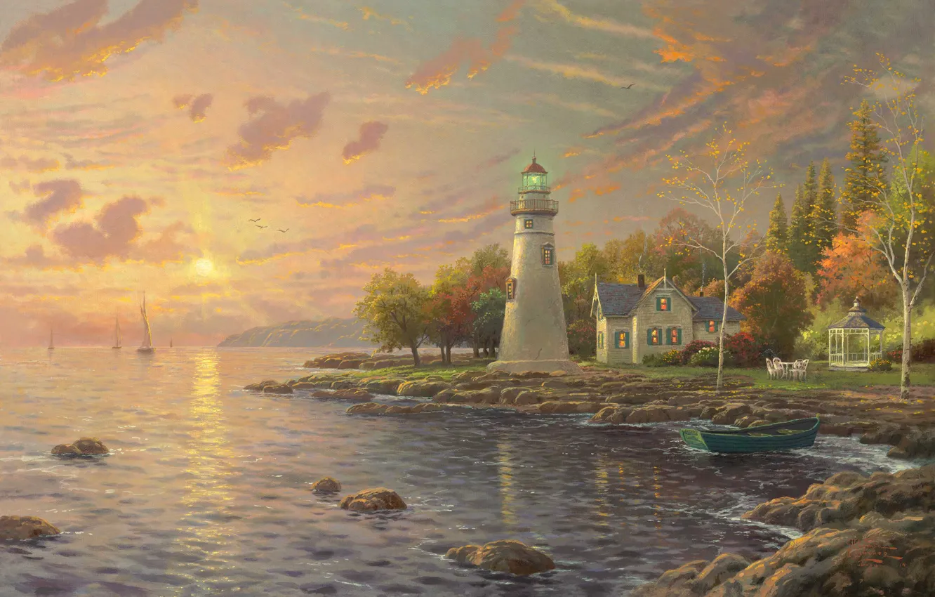 Photo wallpaper autumn, sunset, lake, house, boat, lighthouse, the evening, sail