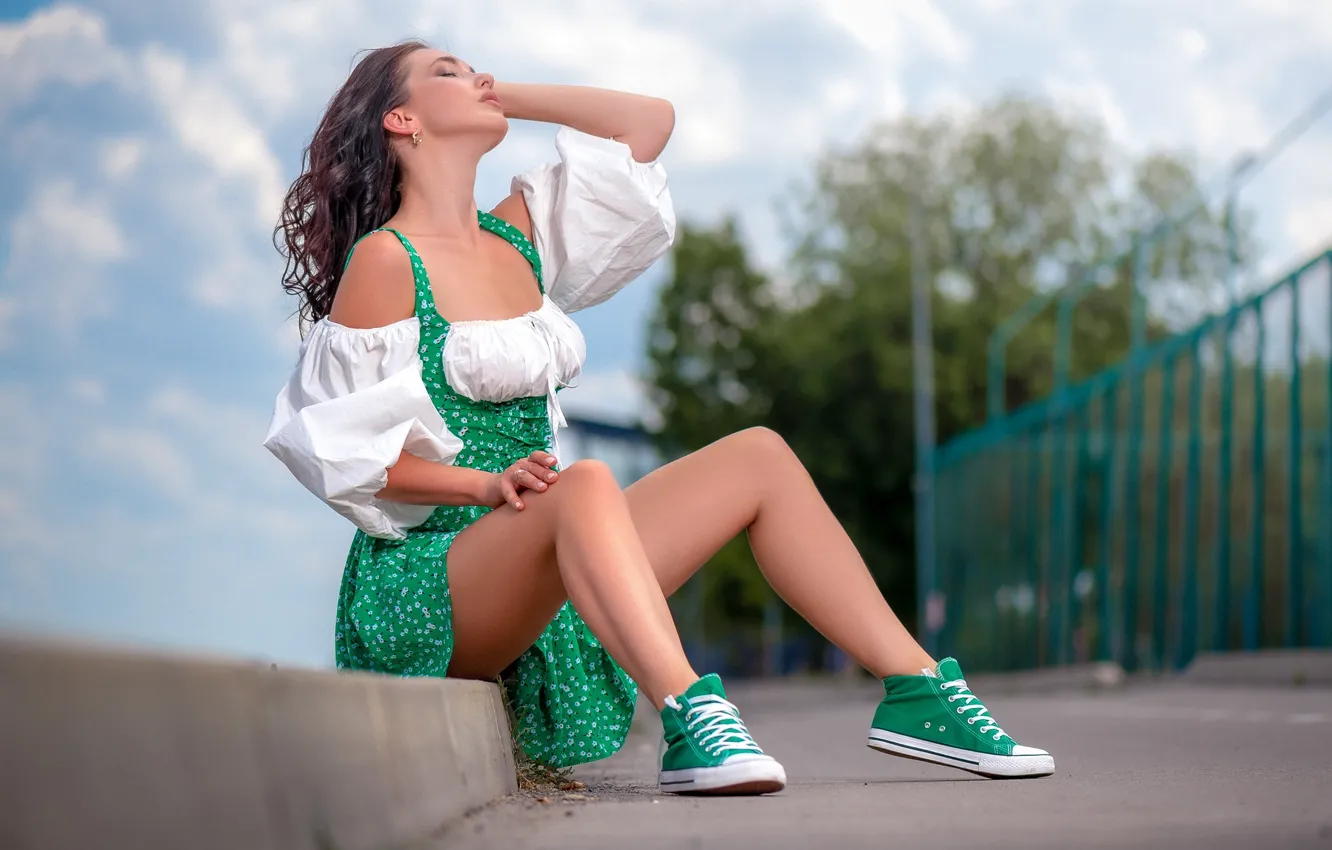 Photo wallpaper girl, pose, feet, sneakers, sundress, closed eyes, Sergey Gokk