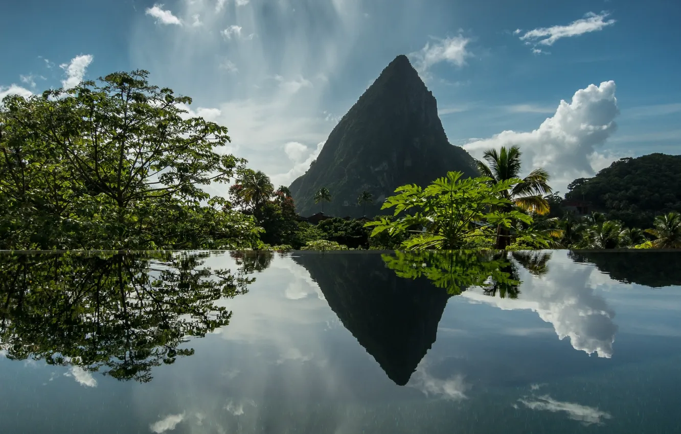Photo wallpaper water, trees, mountains, reflection, Soufriere, Caribbean, Saint Lucia, Celebrate