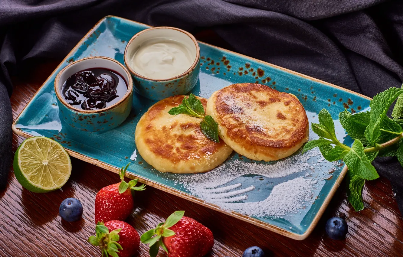 Photo wallpaper lemon, strawberry, jam, blueberries, sour cream, cheesecakes