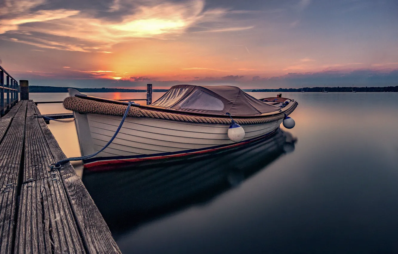 Photo wallpaper sunset, lake, boat, pier