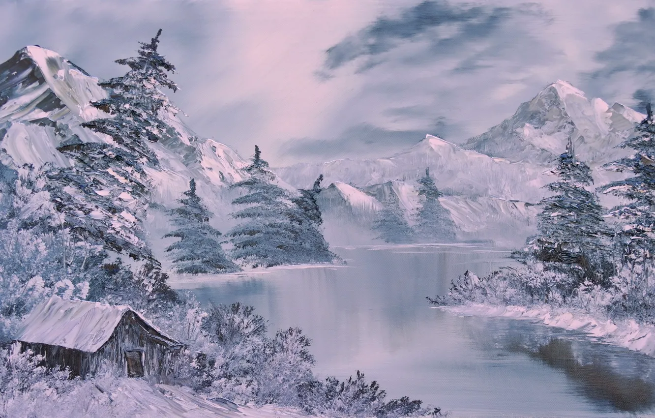 Photo wallpaper winter, forest, snow, mountains, painting, hut