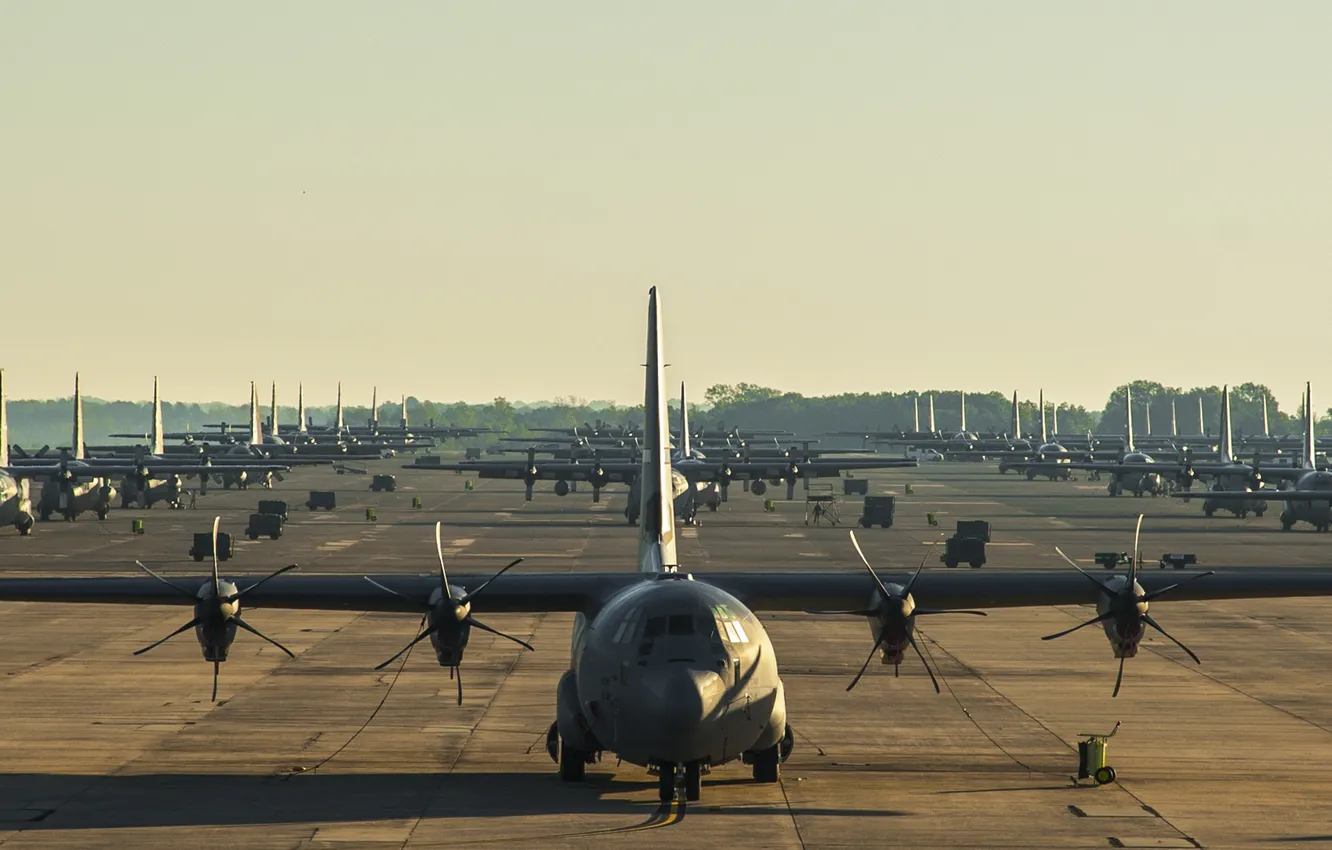 Photo wallpaper the plane, the airfield, military transport, Hercules, C-130