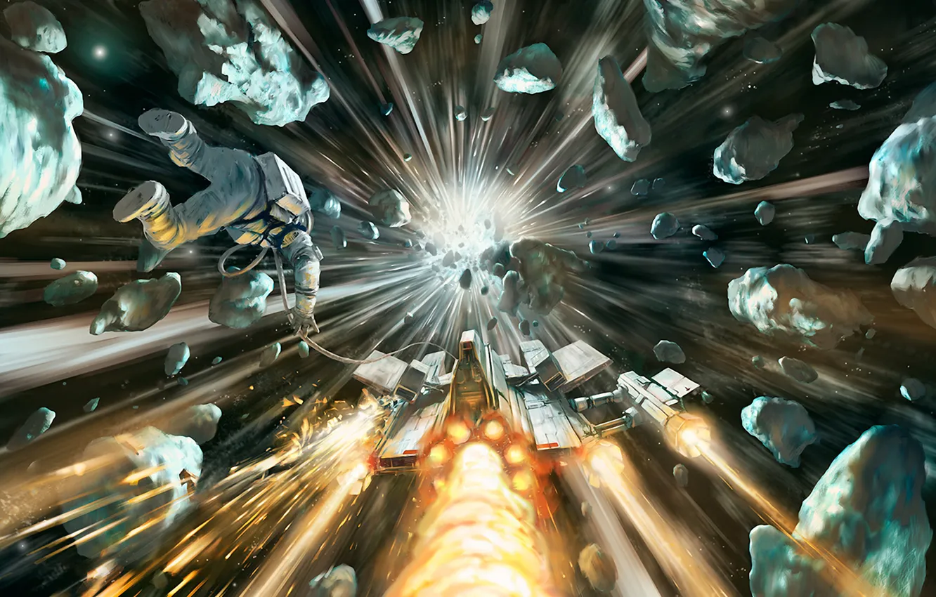 Photo wallpaper space, astronaut, asteroids, comet, spaceship