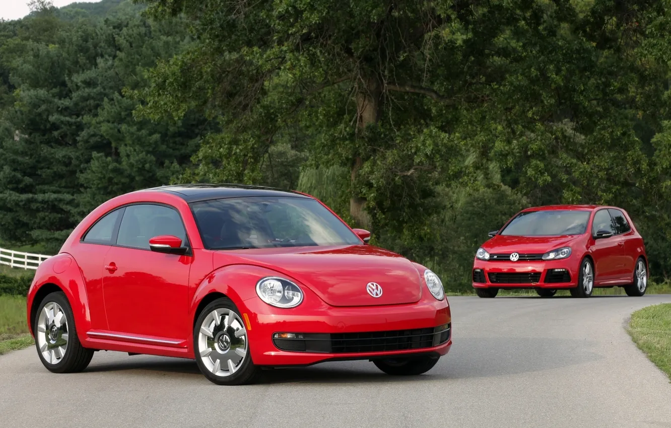 Photo wallpaper road, trees, red, background, Volkswagen, Beetle, the front, Beetle