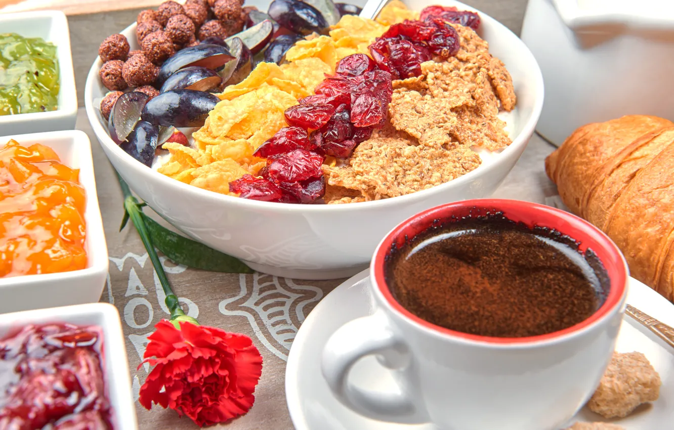 Photo wallpaper berries, coffee, Breakfast, fruit, breakfast, muesli, muesli, fresh berries