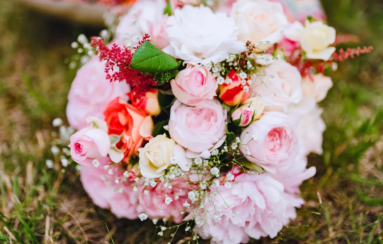 Photo wallpaper flowers, roses, bouquet, pink, different, bokeh, the bride's bouquet