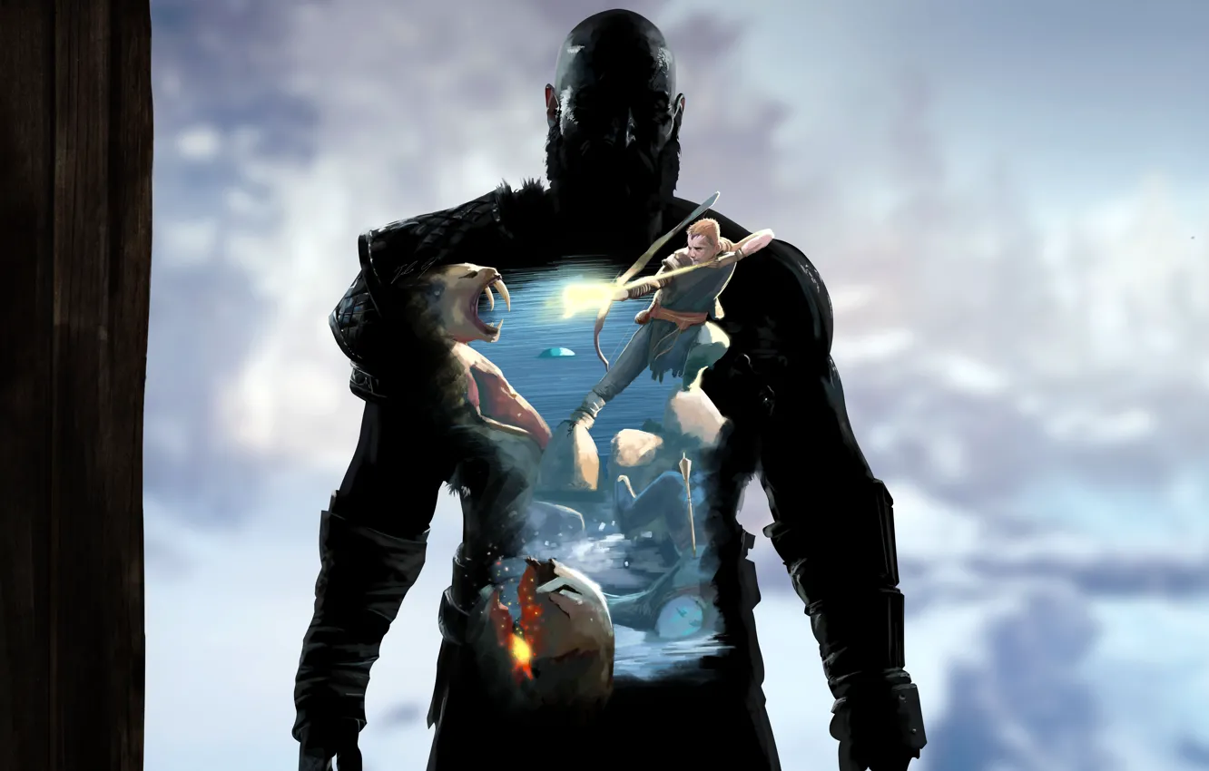 Photo wallpaper game, demigod, weapon, Kratos, God of War, man, animal, fang