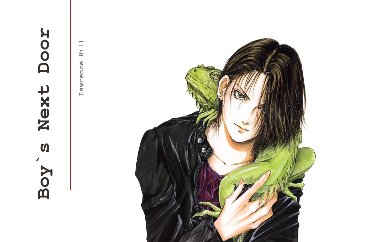 Photo wallpaper lizard, white background, guy, black jacket, Salamanders, by Kaori Yuki, Boy`s Next Door, Lawrence Hill