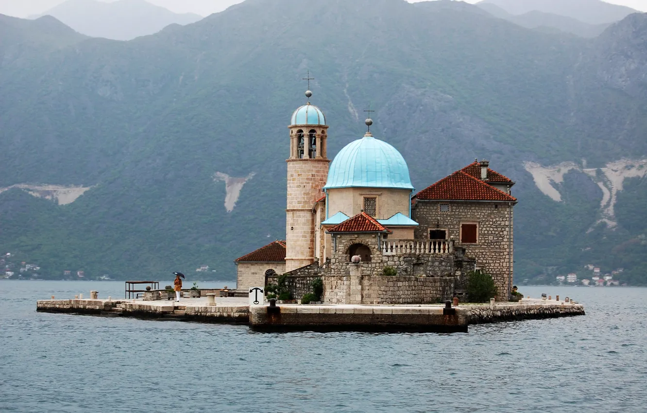 Photo wallpaper mountains, coast, island, Cathedral, temple, the monastery, Montenegro, Monastery of Saint George