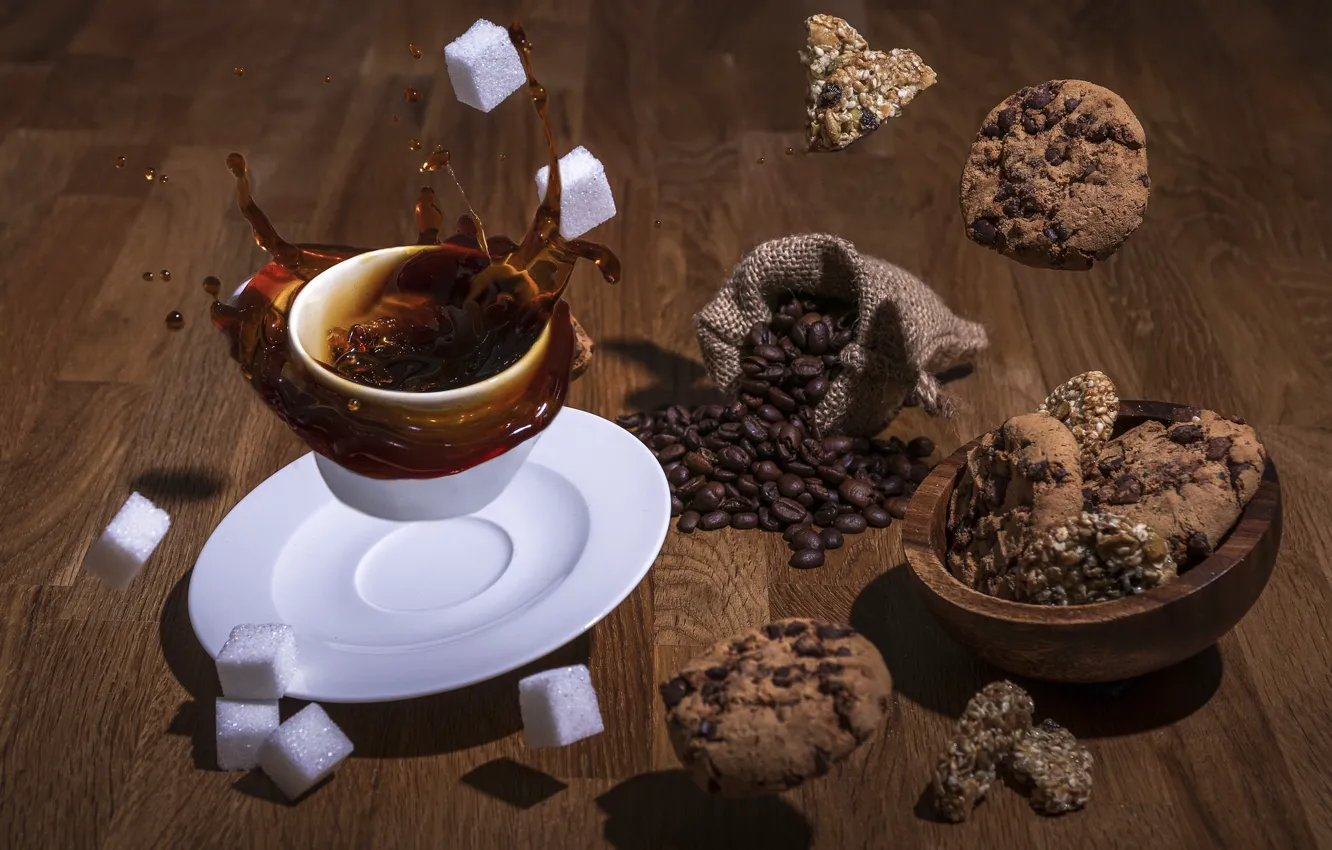 Photo wallpaper splash, sugar, tabletop, coffee splash