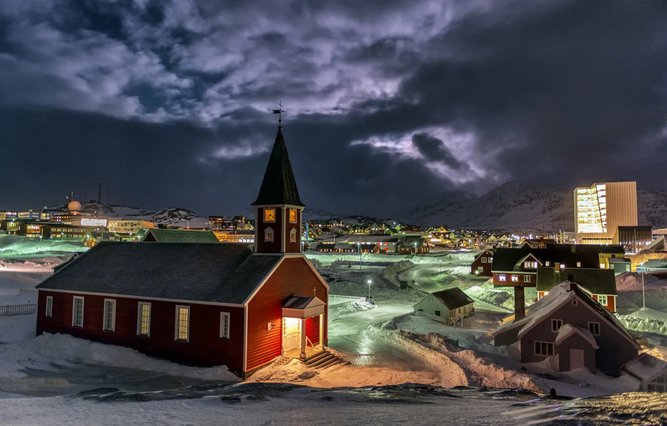 Photo wallpaper mountains, night, the city, home, Denmark, lighting, Church, Greenland