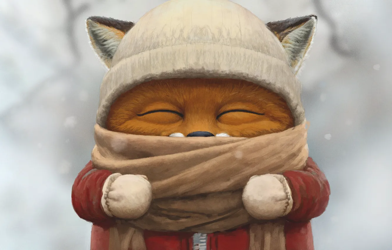 Photo wallpaper winter, figure, art, Fox, cub, fox, art, winter