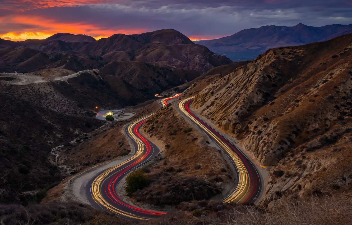 Photo wallpaper road, sunset, mountains, lights