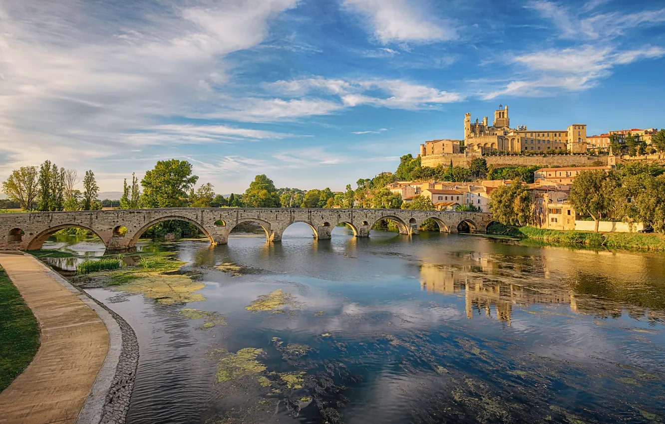 Photo wallpaper the sky, the sun, clouds, trees, bridge, river, France, home