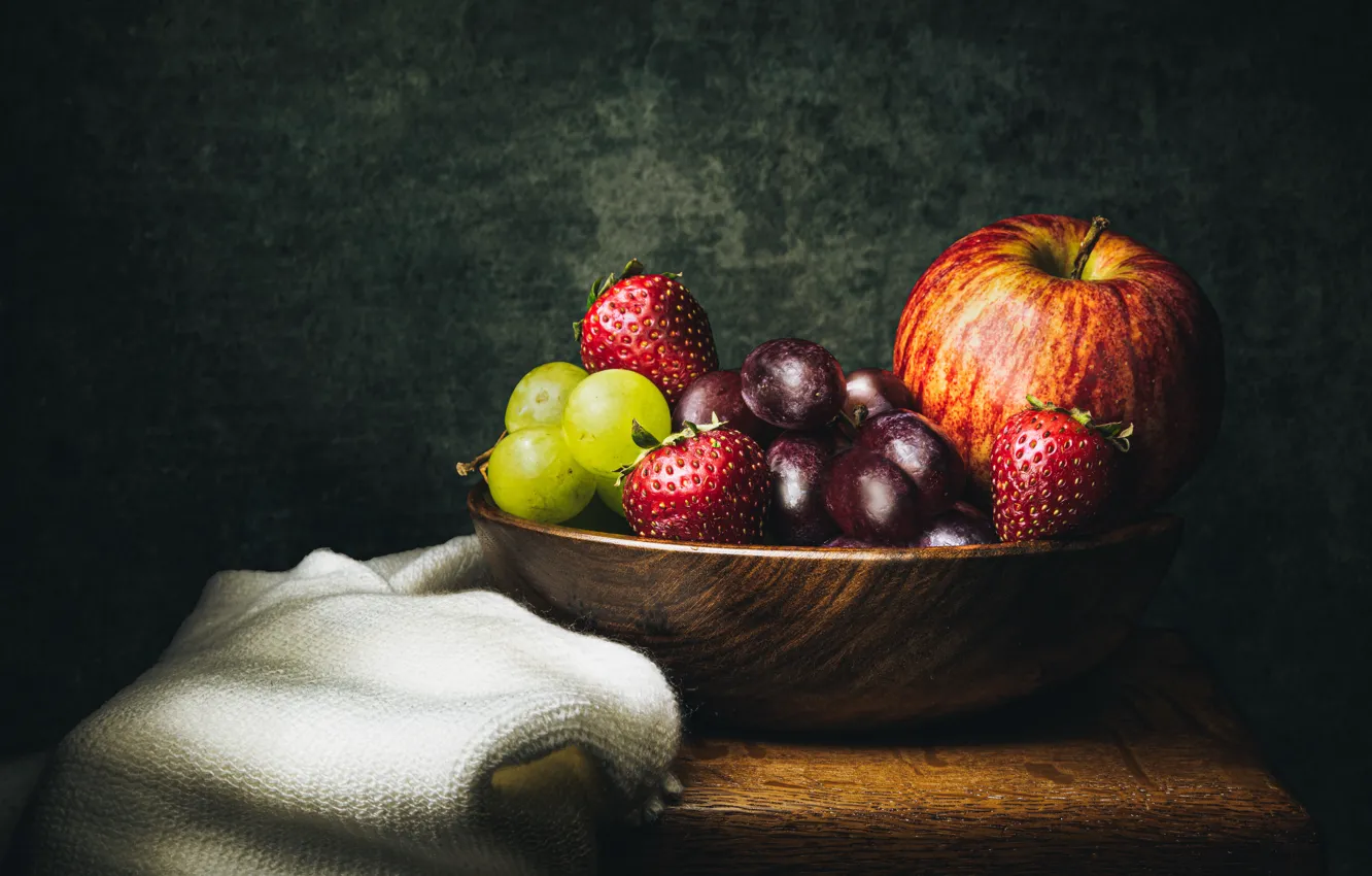 Photo wallpaper the dark background, table, fruit, still life