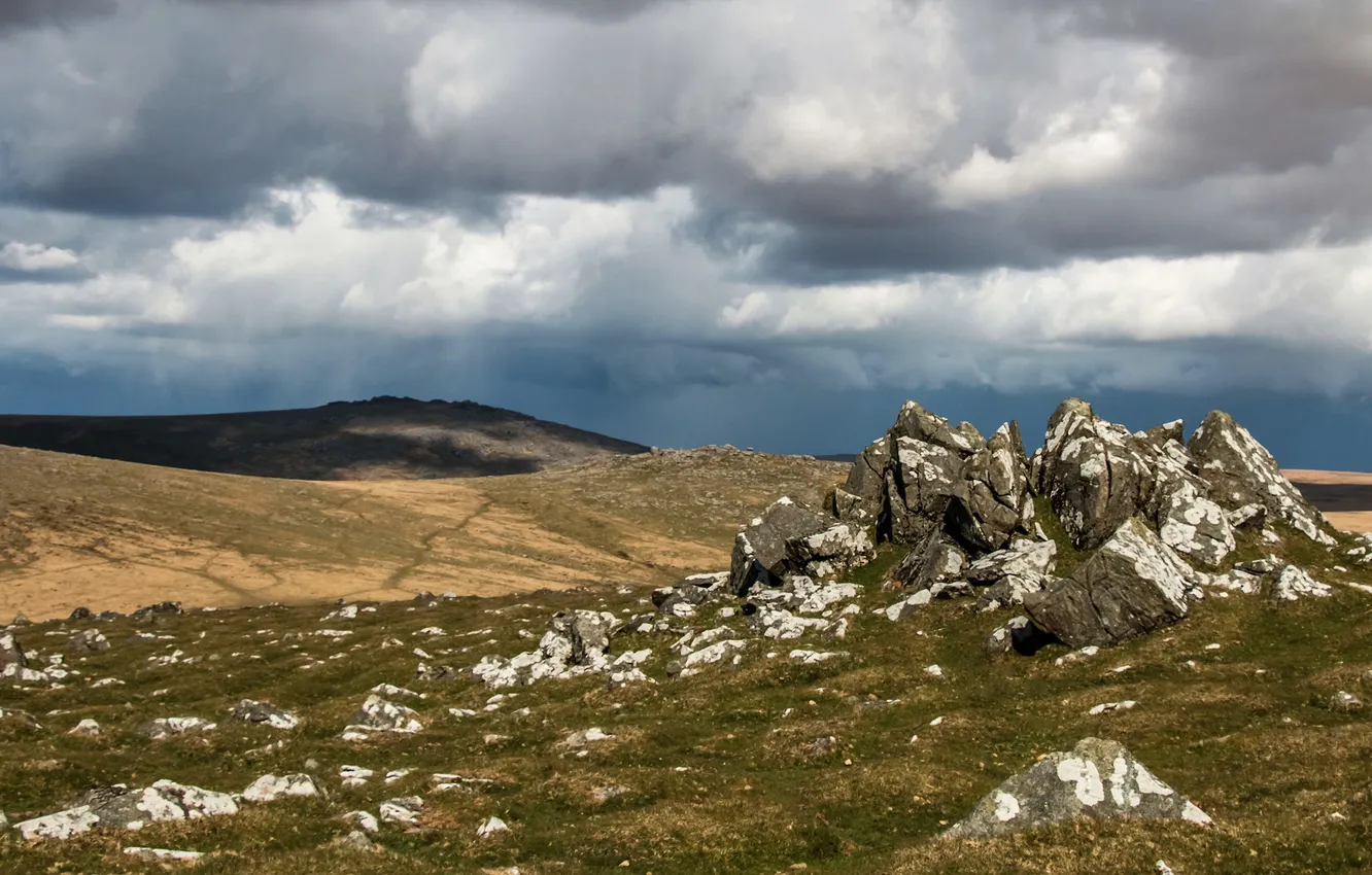 Photo wallpaper field, the sky, clouds, mountains, clouds, stones, rocks, hills