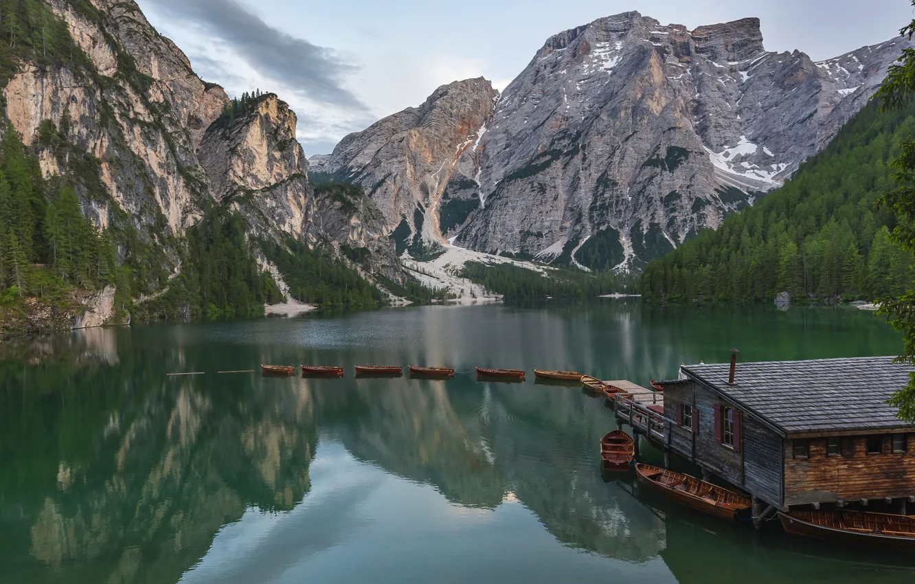 Photo wallpaper forest, mountains, lake, shore, boat, slope, Alps, pond