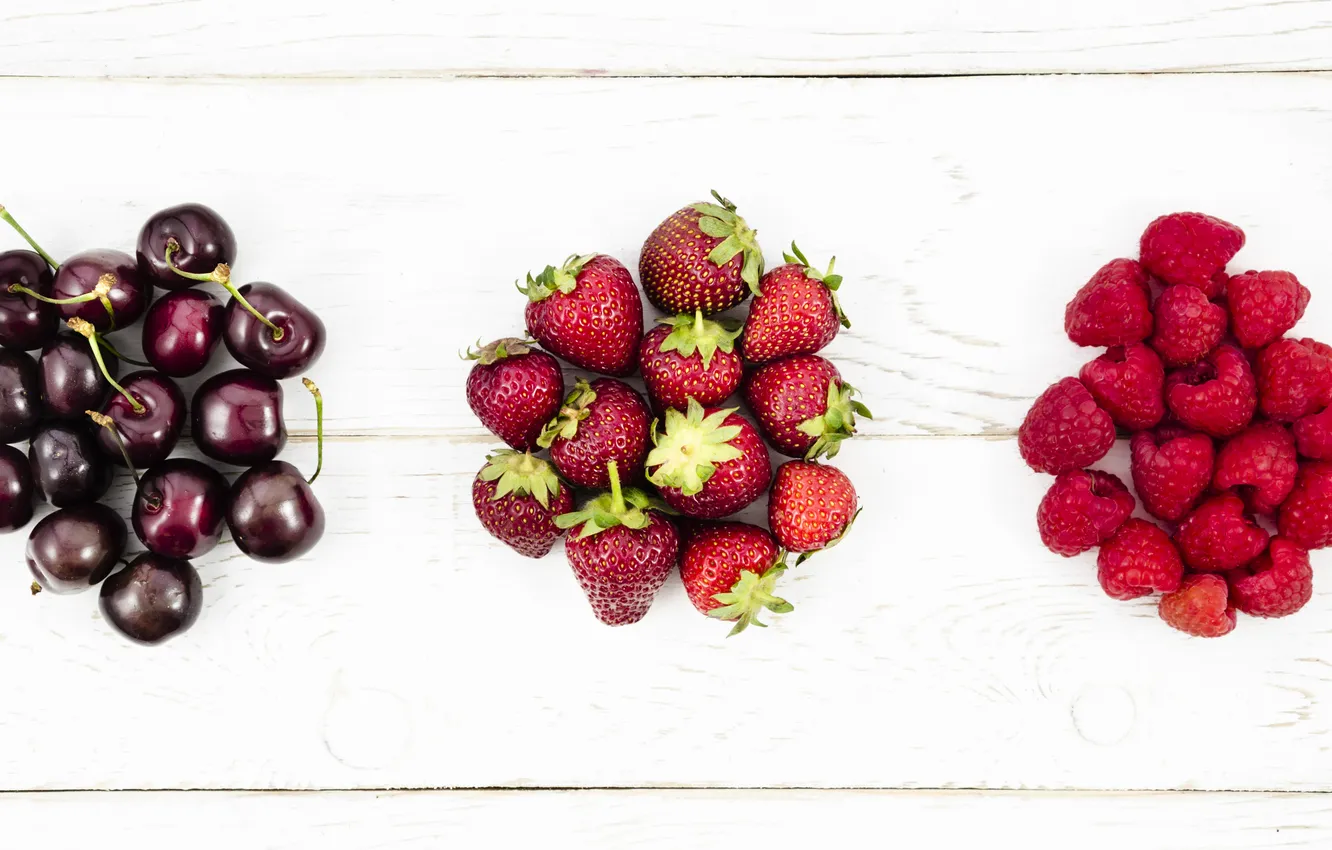 Photo wallpaper cherry, berries, raspberry, Board, strawberry, trio, light background, different