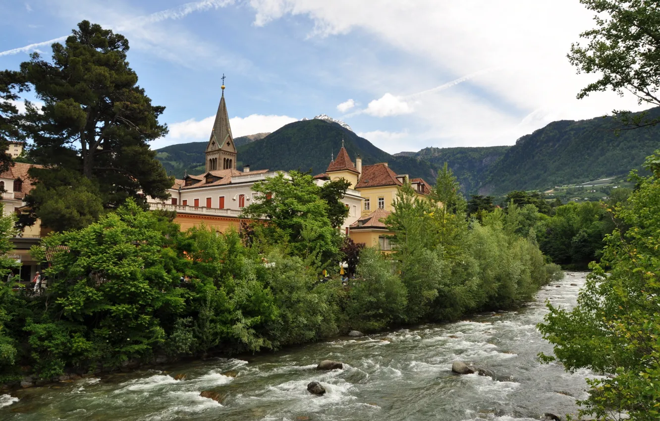 Photo wallpaper mountains, nature, the city, river, Italy, architecture, Italy, trees.
