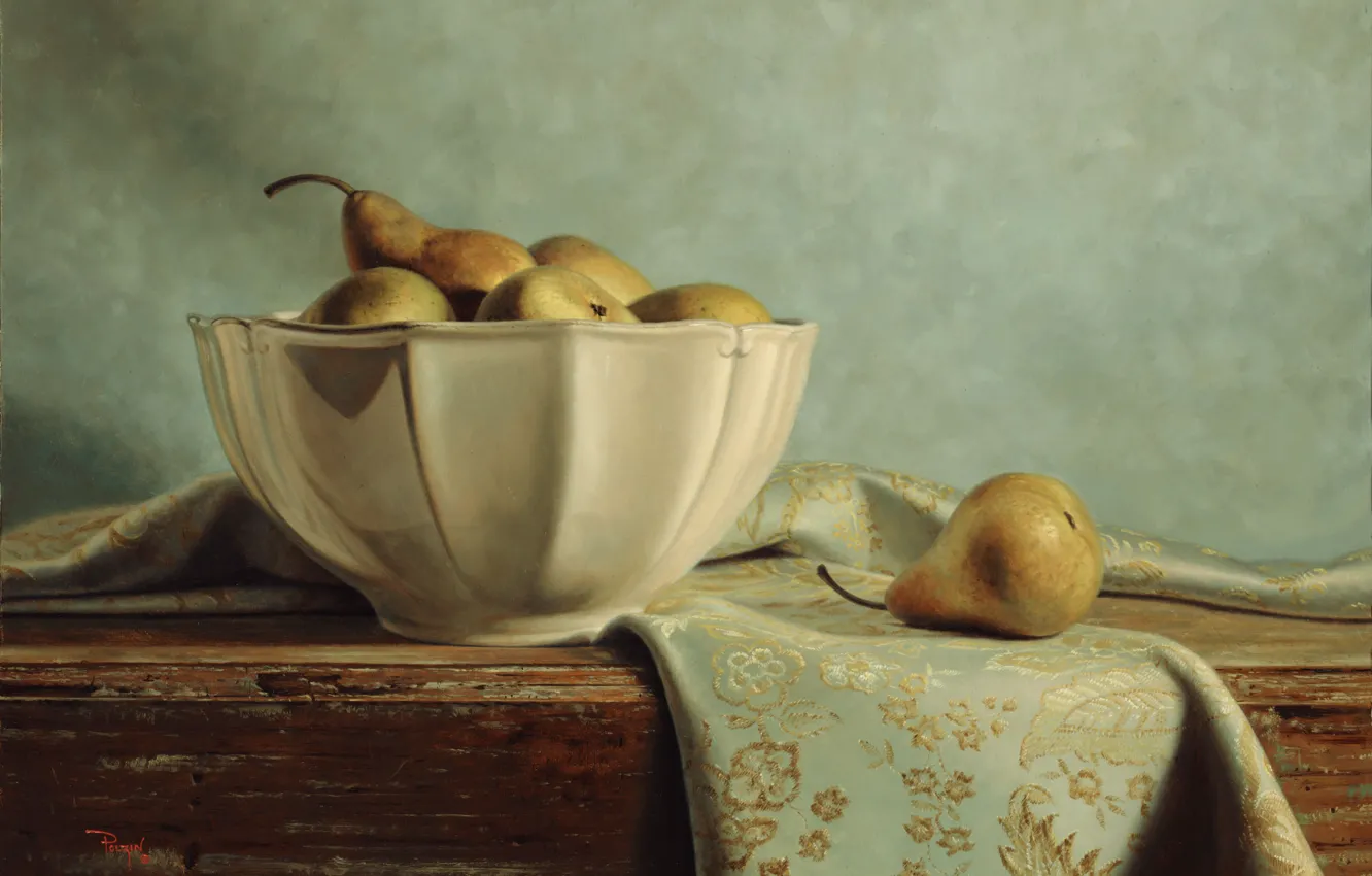 Photo wallpaper table, figure, picture, vase, still life, reproduction, pear, tablecloth