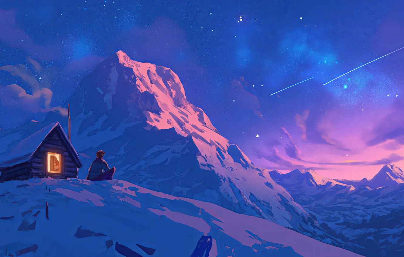 Photo wallpaper lights, Night, winter, mountain, snow, stars, artwork, concept art