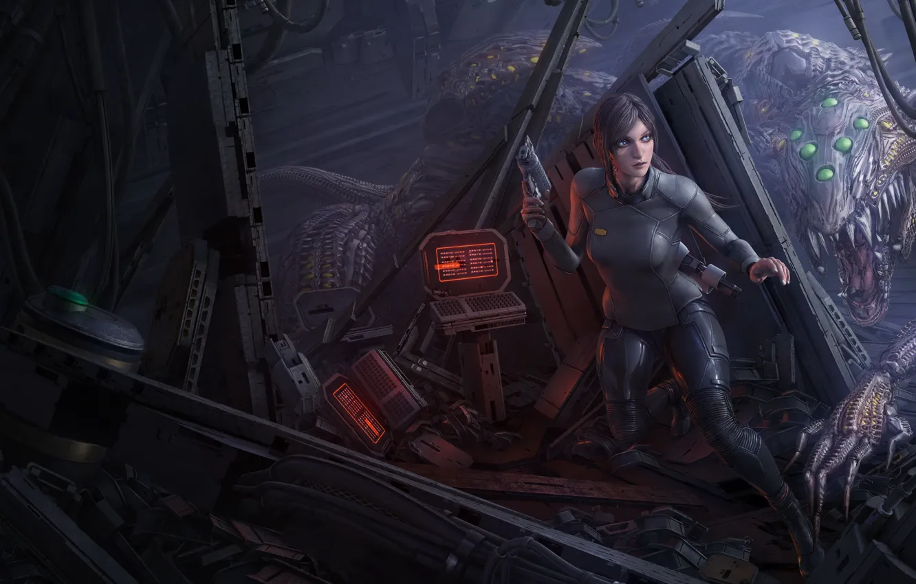 Photo wallpaper girl, space, night, weapons, monster, iron