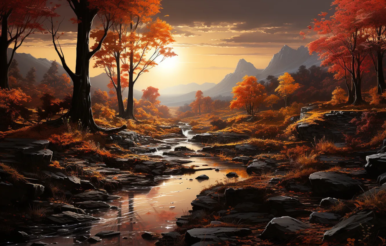 Photo wallpaper autumn, forest, the sun, trees, mountains, river, stones, shore