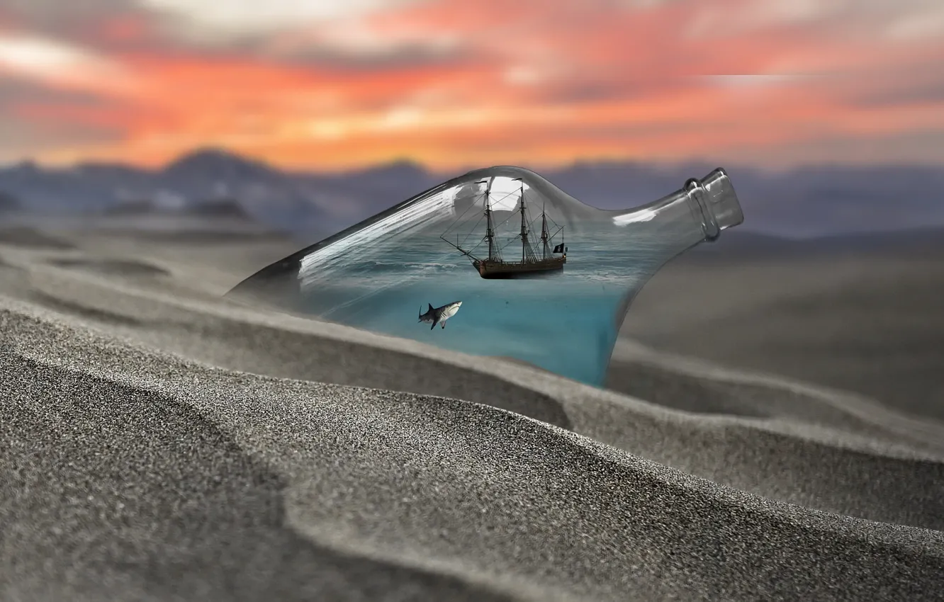 Photo wallpaper sand, ship, bottle, shark