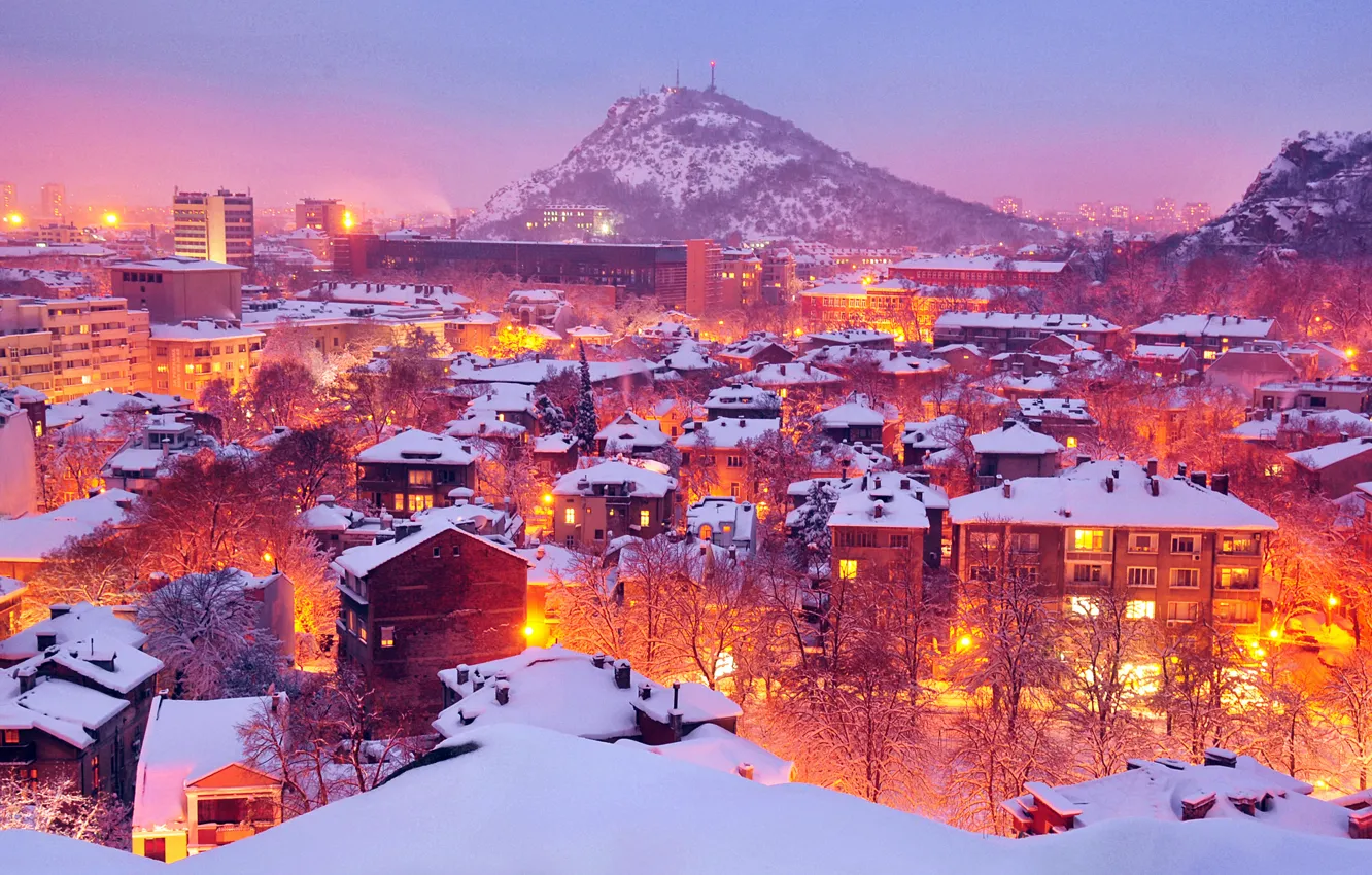 Photo wallpaper winter, light, snow, trees, the city, lights, lights, mountain