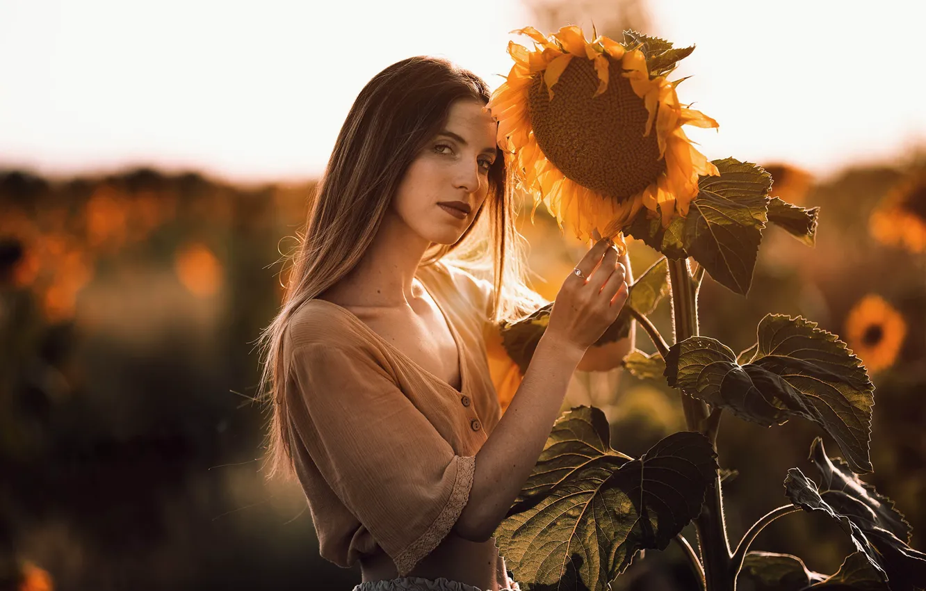 Photo wallpaper summer, girl, sunflowers, portrait