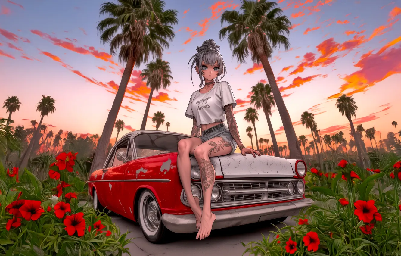 Photo wallpaper vintage, Front, beauty, wheel, laying, Tattooed