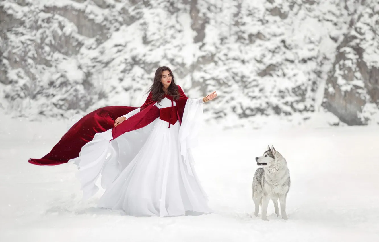Photo wallpaper winter, girl, snow, red, nature, pose, each, rocks