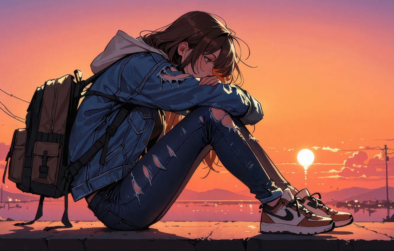 Photo wallpaper girl, anime, school, alone, roadside, sitting