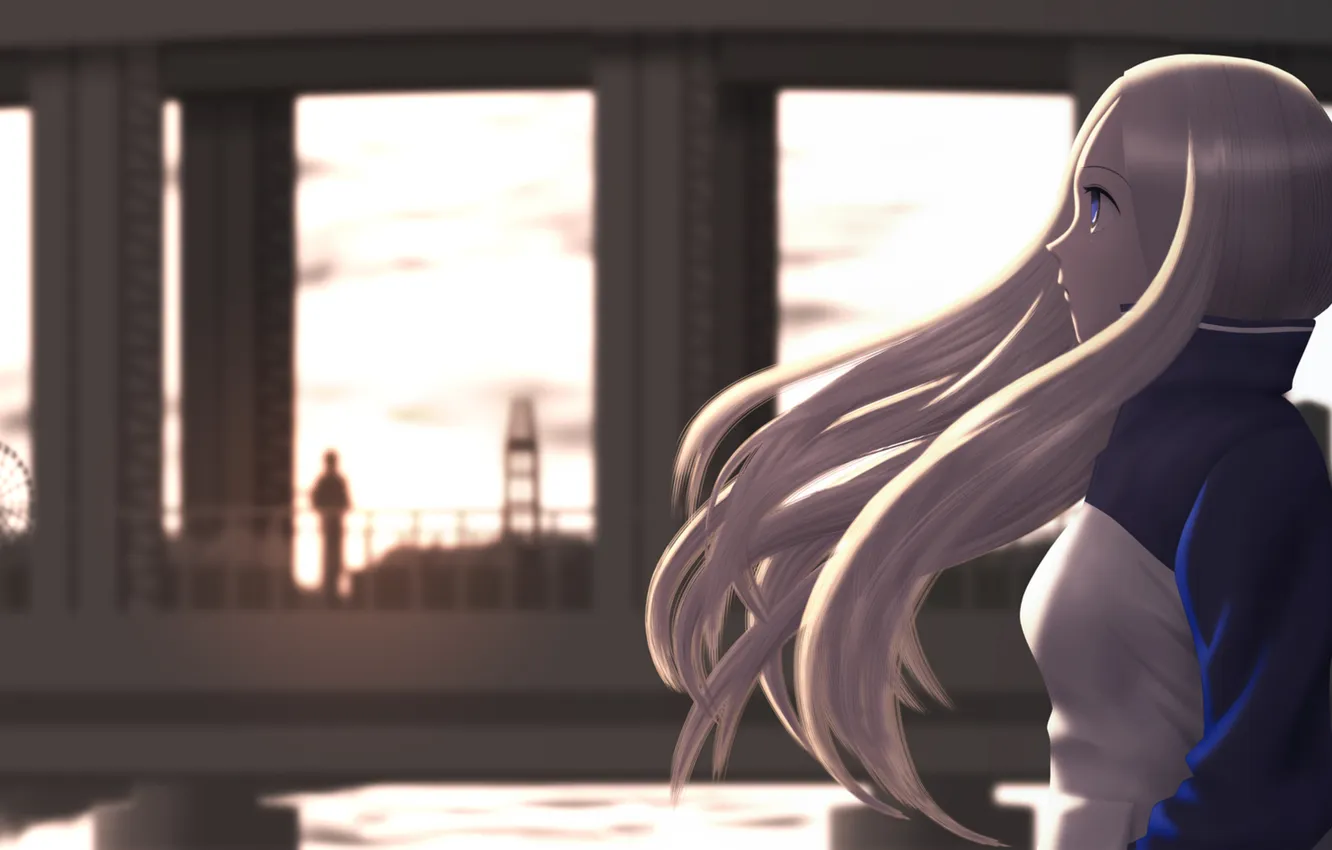 Photo wallpaper girl, bridge, river, anime