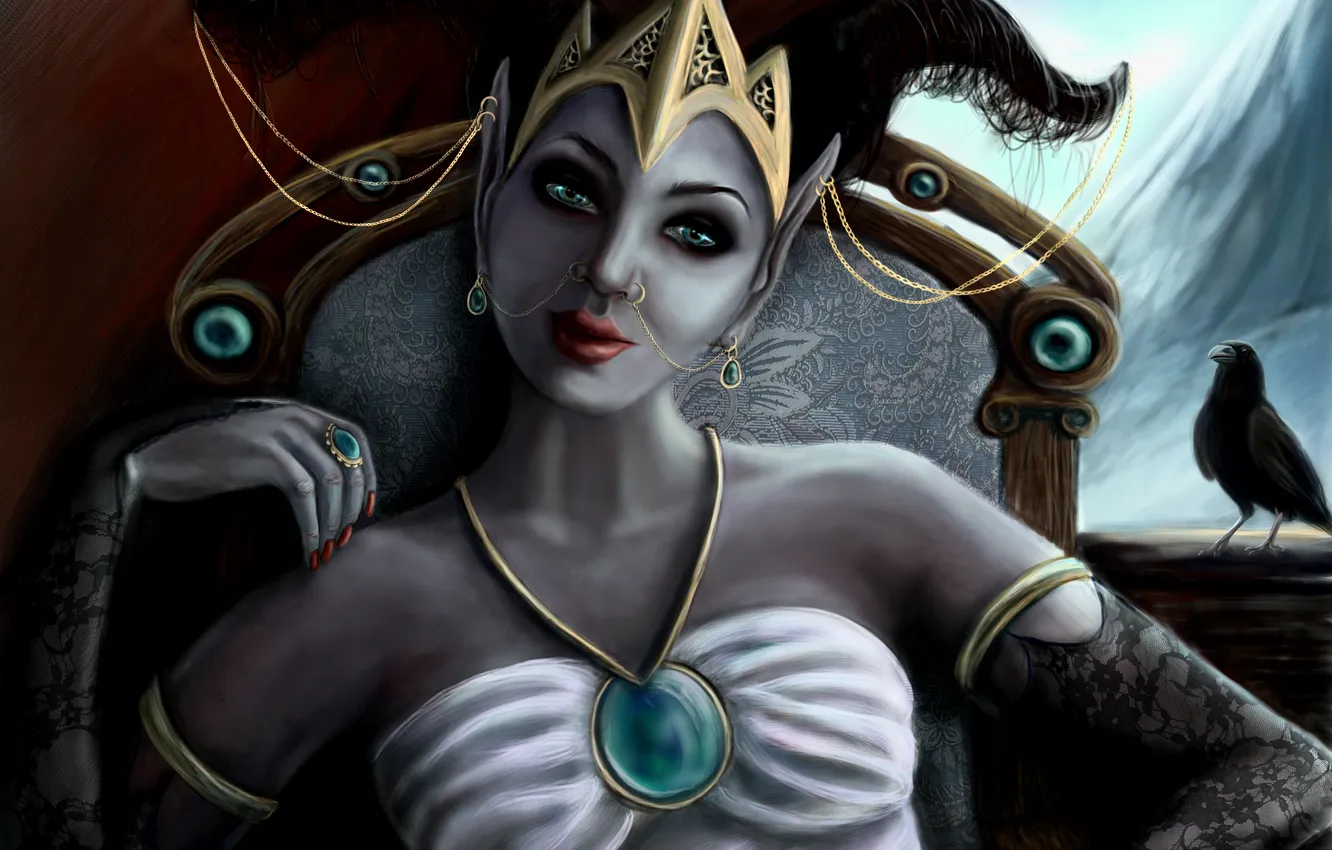 Photo wallpaper girl, decoration, crown, fantasy, art, horns, ears, Raven