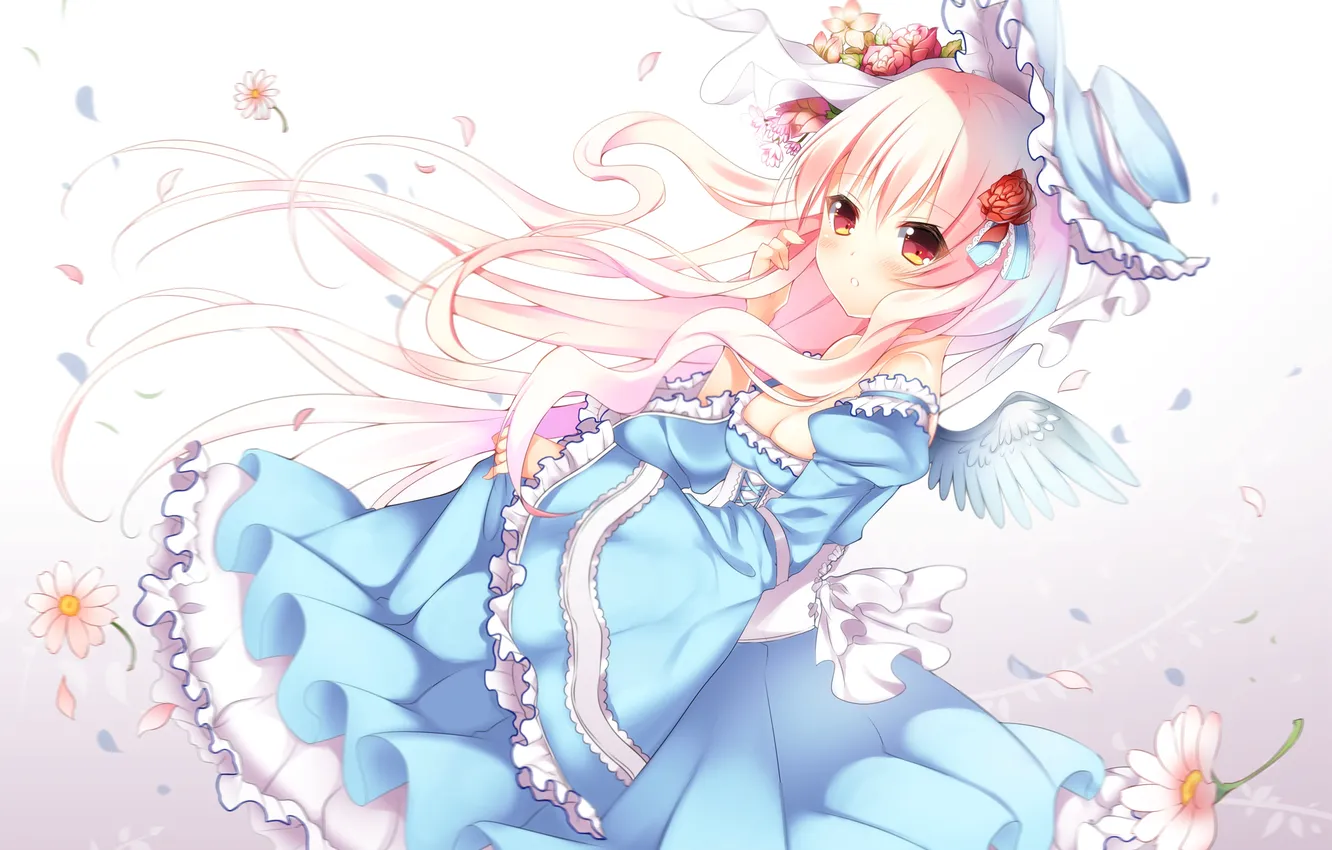 Photo wallpaper girl, flowers, roses, anime, petals, art, bow, cap