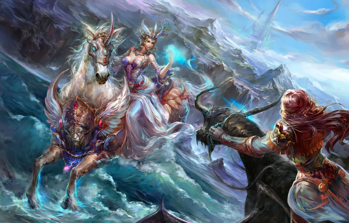 Photo wallpaper sea, wave, girl, castle, rocks, horse, dragon, unicorn