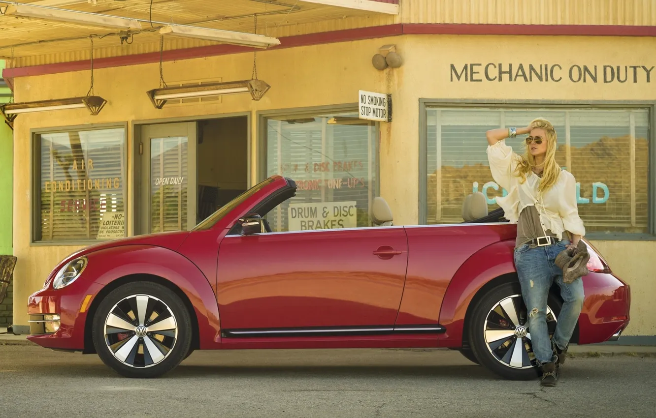 Photo wallpaper girl, red, background, Windows, dressing, Volkswagen, Beetle, convertible