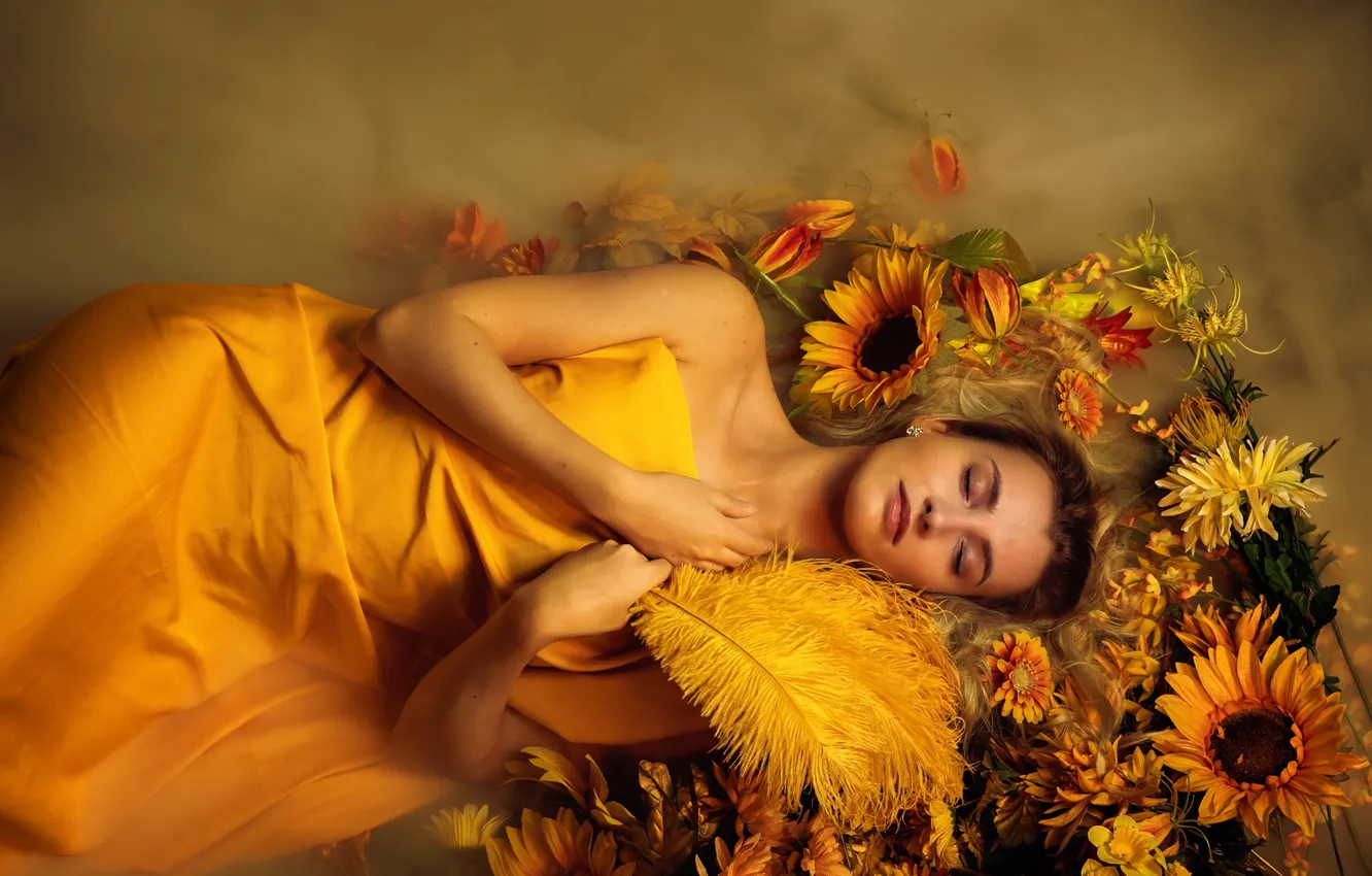 Photo wallpaper water, girl, sunflowers, flowers, face, pose, fog, style