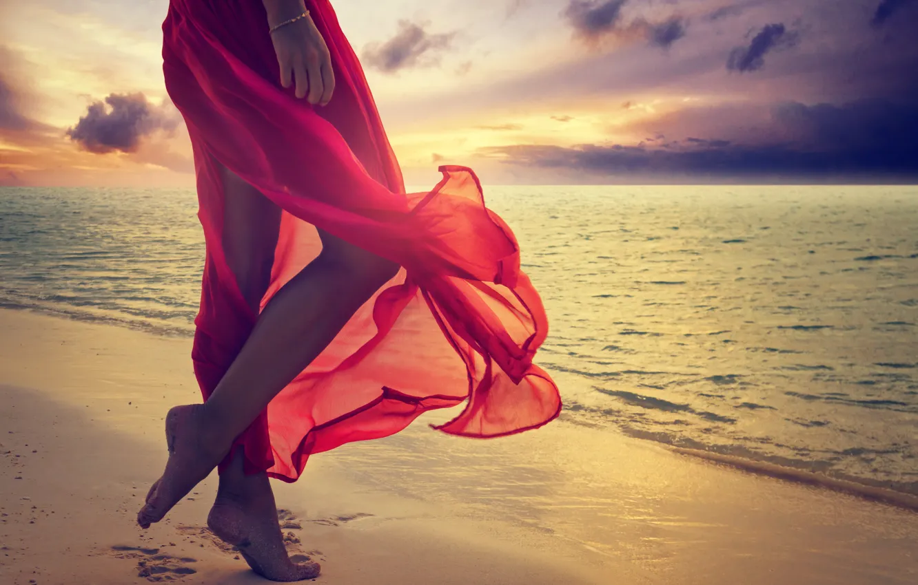 Photo wallpaper sand, sea, beach, summer, girl, landscape, sunset, nature