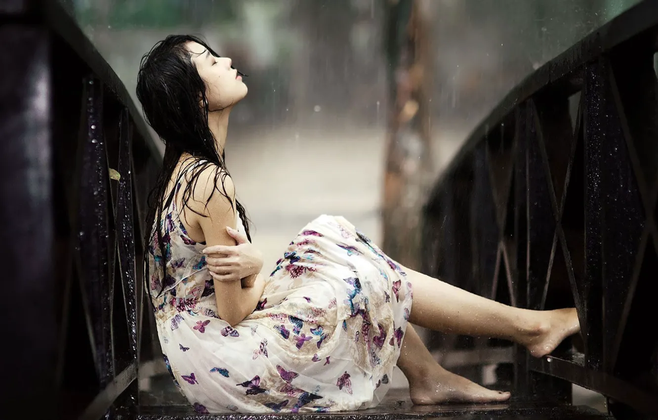 Photo wallpaper wallpaper, girl, rain, dress, background, alone, mood, sadness