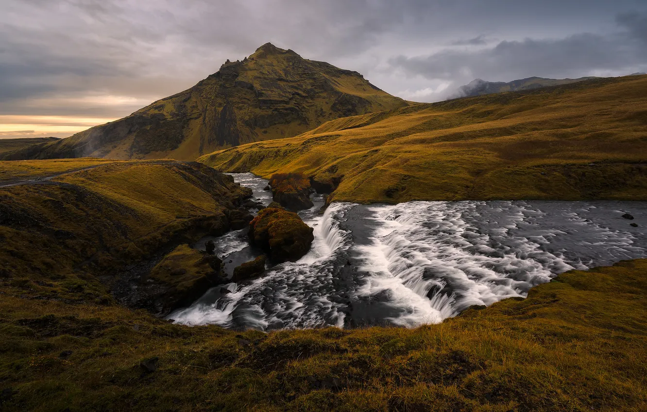 Photo wallpaper autumn, the sky, grass, clouds, mountains, river, overcast, rocks