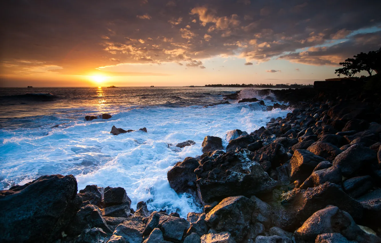 Photo wallpaper sunset, stones, the ocean, coast, Hawaii, Hawaii