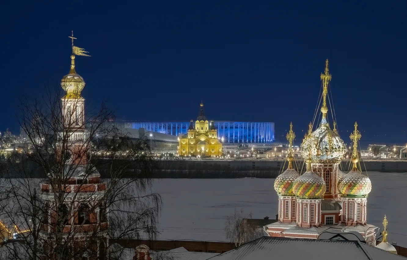 Photo wallpaper winter, river, temple, Russia, night city, dome, the bell tower, Nizhny Novgorod